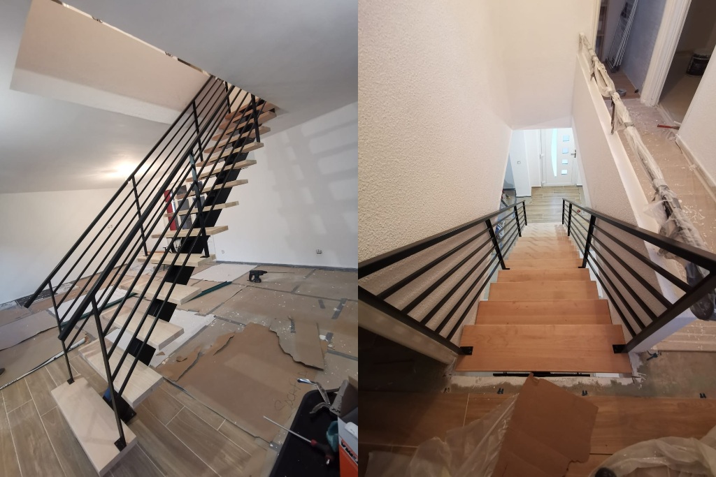 Escalier à limon central avec marches et garde-corps